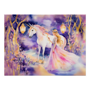 Póster Hermosa princesa acuarela y unicornio