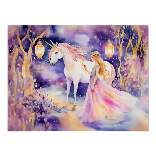 Póster Hermosa princesa acuarela y unicornio (Anverso)