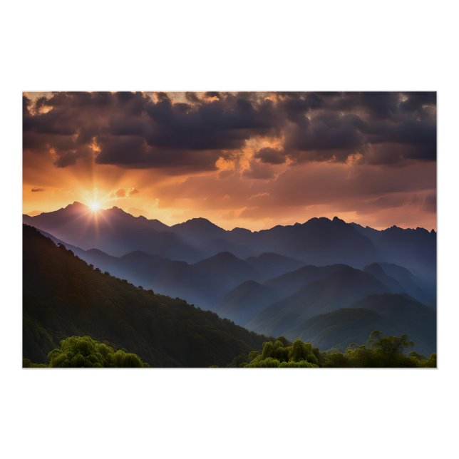 Póster Hermosa Puesta De Sol Sobre Las Montañas (Anverso)