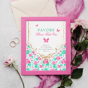 Póster Hermosa Rosa Rosa Floral Arco Dorado Baby shower