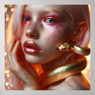 Póster Hermosa serpiente dorada con chica