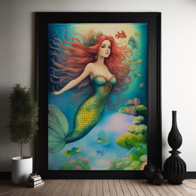 Póster Hermosa sirena de cabeza roja, arrecife de baño (Subido por el creador)