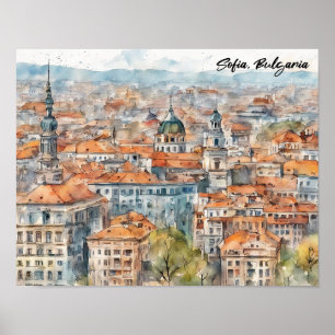 Póster Hermosa Sofía Bulgaria Pintura Acuarela Ciudad