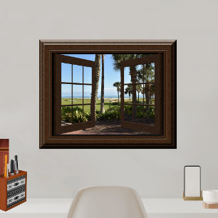 Póster Hermosa ventana falsa de la playa de palmeras trop