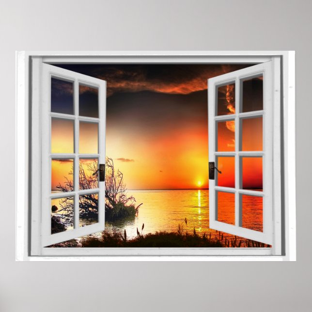 Póster Hermosa ventana falsa de la vista del atardecer (Frente)