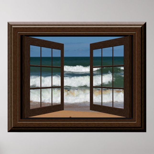 Póster Hermosa ventana falsa vista de olas de playa de Oc (Frente)