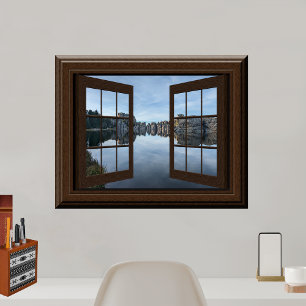 Póster Hermosa ventana falsa vista del paisaje de los árb