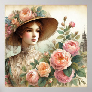 Póster Hermosa victoriana inglesa de época, dama y Rosas