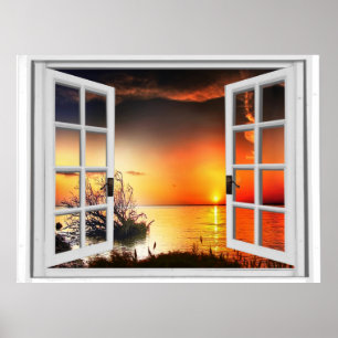 Póster Hermosa vista de la puesta de sol Ventana falsa