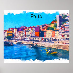 Póster Hermosa vista de Porto Portugal Panorama Watercolo