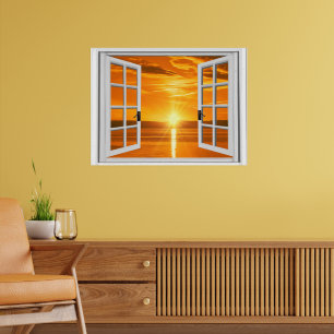 Póster Hermosa vista de puesta de sol en ventana falsa