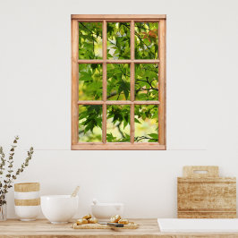 Póster Hermosa vista matutina de hojas desde una ventana