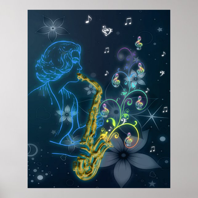 Póster Hermosa y genial dama azul brillante tocando músic (Frente)