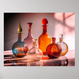Póster Hermosas Antiguas Botellas De Vidrio Pared De Fond