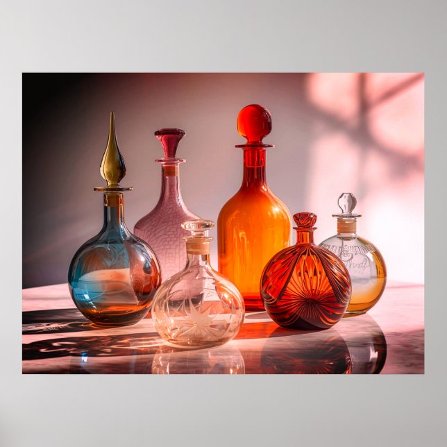 Póster Hermosas Antiguas Botellas De Vidrio Pared De Fond (Frente)