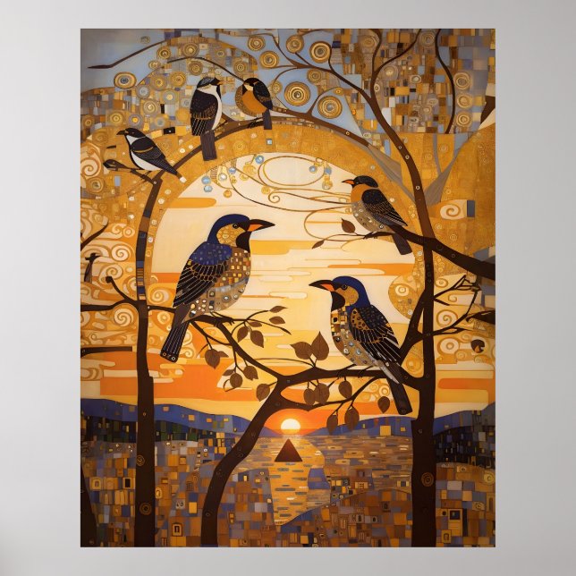 Póster Hermosas Aves Abstractas Al Amanecer Decorativas (Frente)