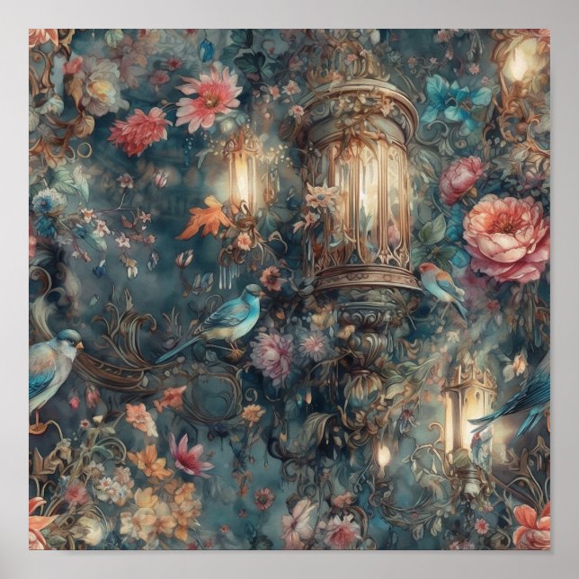 Póster Hermosas Aves De Jardín Rococo De Época Y Flores (Frente)