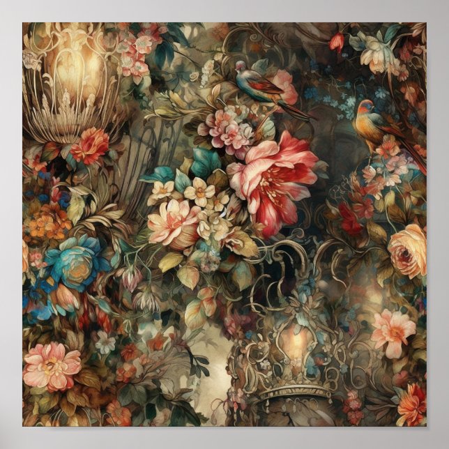 Póster Hermosas Aves Y Flores Rococó De Época (Frente)