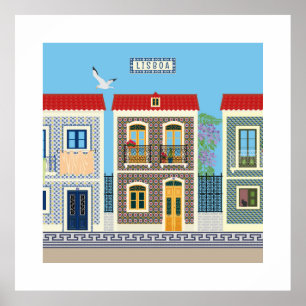 Póster Hermosas casas portuguesas con azulejos o azulejos