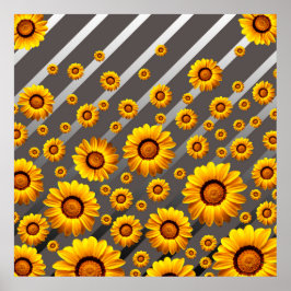 Póster Hermosas flores amarillas sobre rayas grises y pla