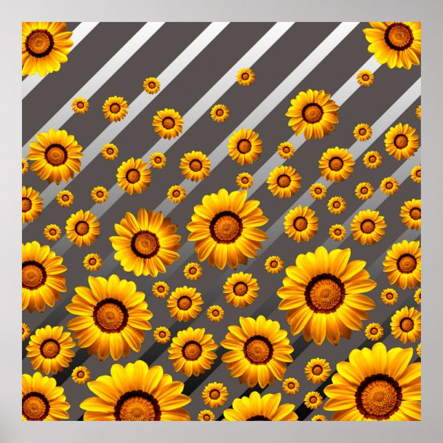 Póster Hermosas flores amarillas sobre rayas grises y pla (Frente)