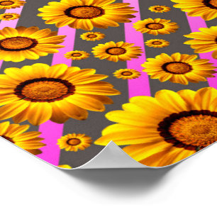 Póster Hermosas flores amarillas sobre rayas grises y ros