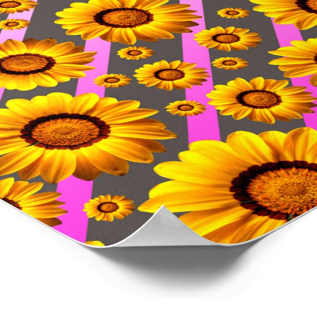 Póster Hermosas flores amarillas sobre rayas grises y ros (Esquina)