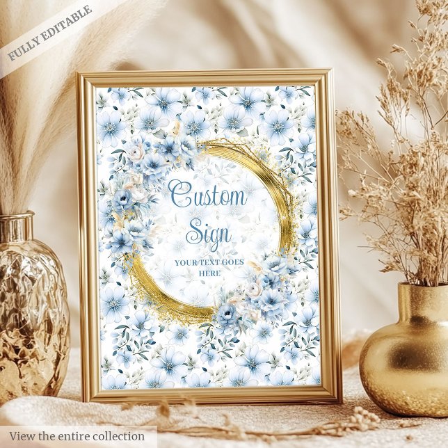 Póster Hermosas flores azules de oro niño bebé personaliz (Lovely dusty blue flowers gold boy baby custom Poster)