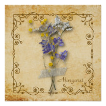 Hermosas flores beige secas de época con nombre