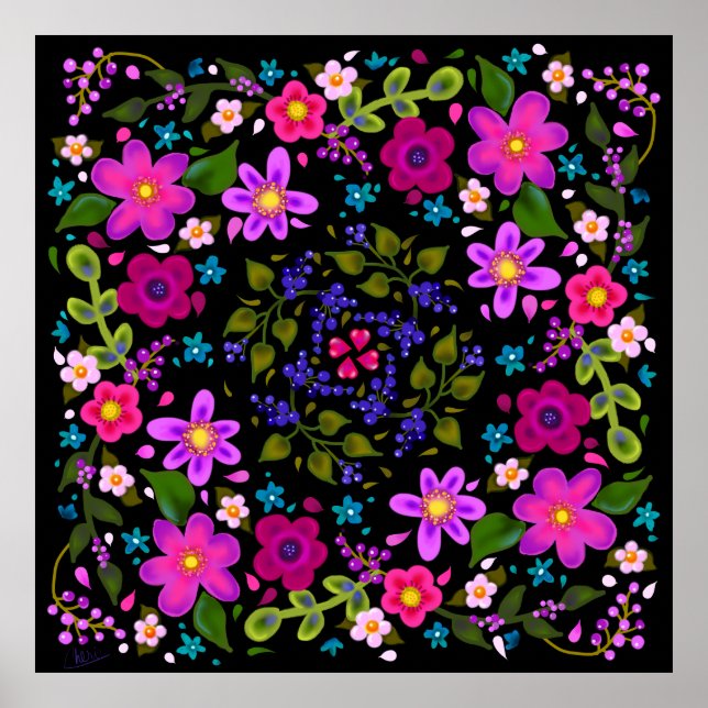 Póster Hermosas flores de Boho Brillantes rosa y perwinkl (Frente)