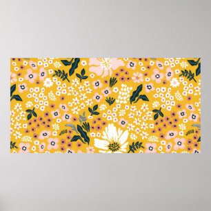 Póster Hermosas flores de jardín con fondo amarillo. Mar