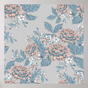 Póster Hermosas flores. Ornamentos monocromos. Lámina sin