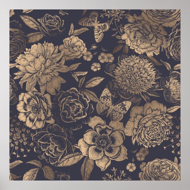 Póster Hermosas flores peonías, rosas y mariposas. (Frente)