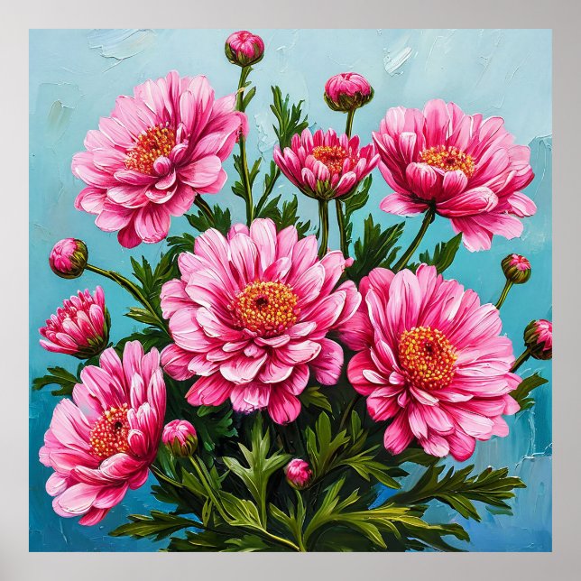 Póster Hermosas Flores Rosa Con Hojas Verdes (Frente)