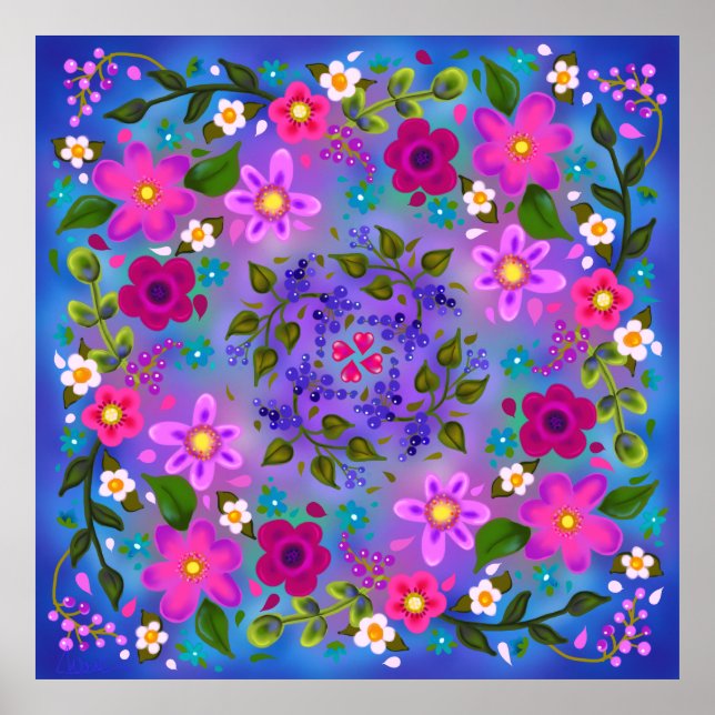Póster Hermosas flores rosadas brillantes y bayas azules (Frente)