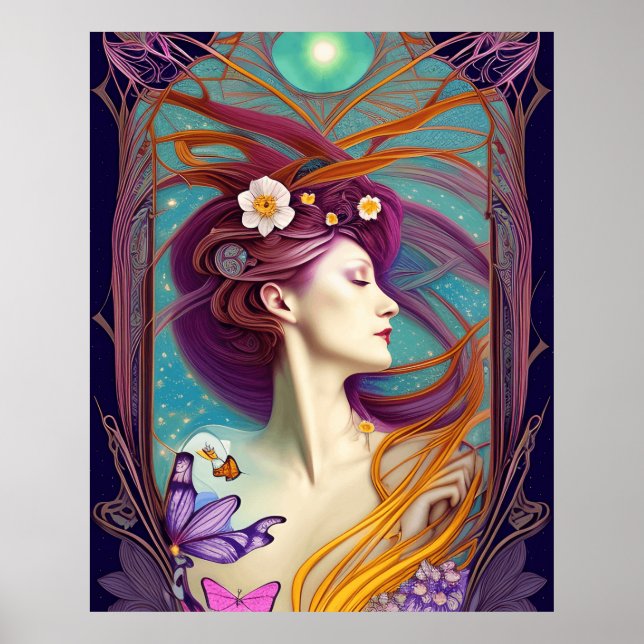 Póster Hermosas flores verde azuladas de estilo Art Nouve (Frente)