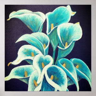 Póster Hermosas flores Verde azuladas pintura acrílica
