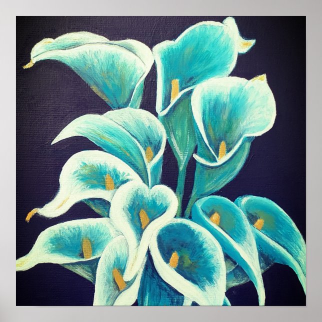 Póster Hermosas flores Verde azuladas pintura acrílica (Frente)
