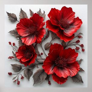 Póster Hermosas flores y hojas rojas