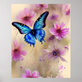 Póster Hermosas flores y mariposa