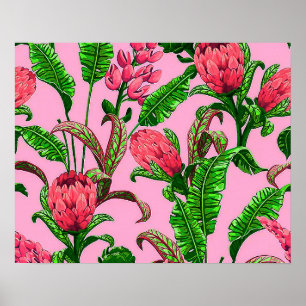 Póster Hermosas hojas verdes tropicales con flores rojas 