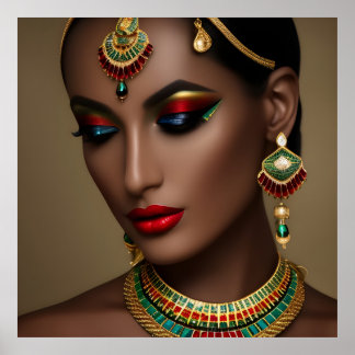 Póster Hermosas joyas verdes de oro egipcio exótico mujer