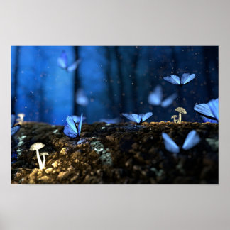 Póster Hermosas mariposas azules en el bosque