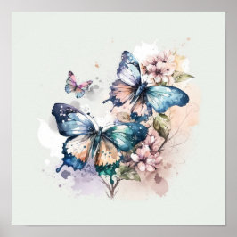 Póster Hermosas mariposas y flores