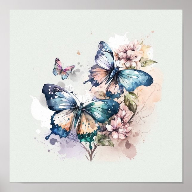 Póster Hermosas mariposas y flores (Frente)