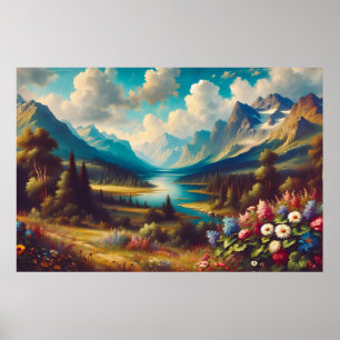 Póster Hermosas montañas y un río mágico