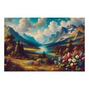Póster Hermosas montañas y un río mágico