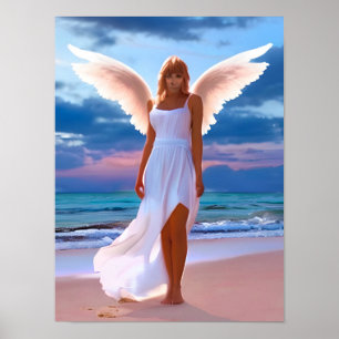 Póster Hermosas mujeres con alas de ángel en una playa