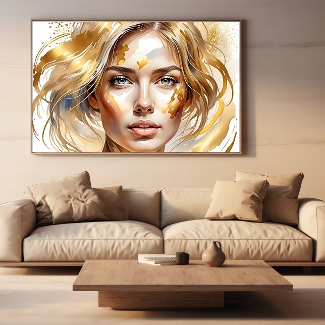 Póster Hermosas mujeres enfrentan en oro abstracto acuare (Beautiful Womans Face in Gold Abstract Watercolor Poster in room 1)