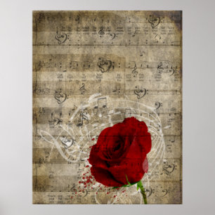 Póster Hermosas notas de música rosa roja giran el piano